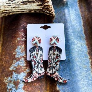 Chic Aztec Print Wild Thang Cowboy Boots Wooden Earrings